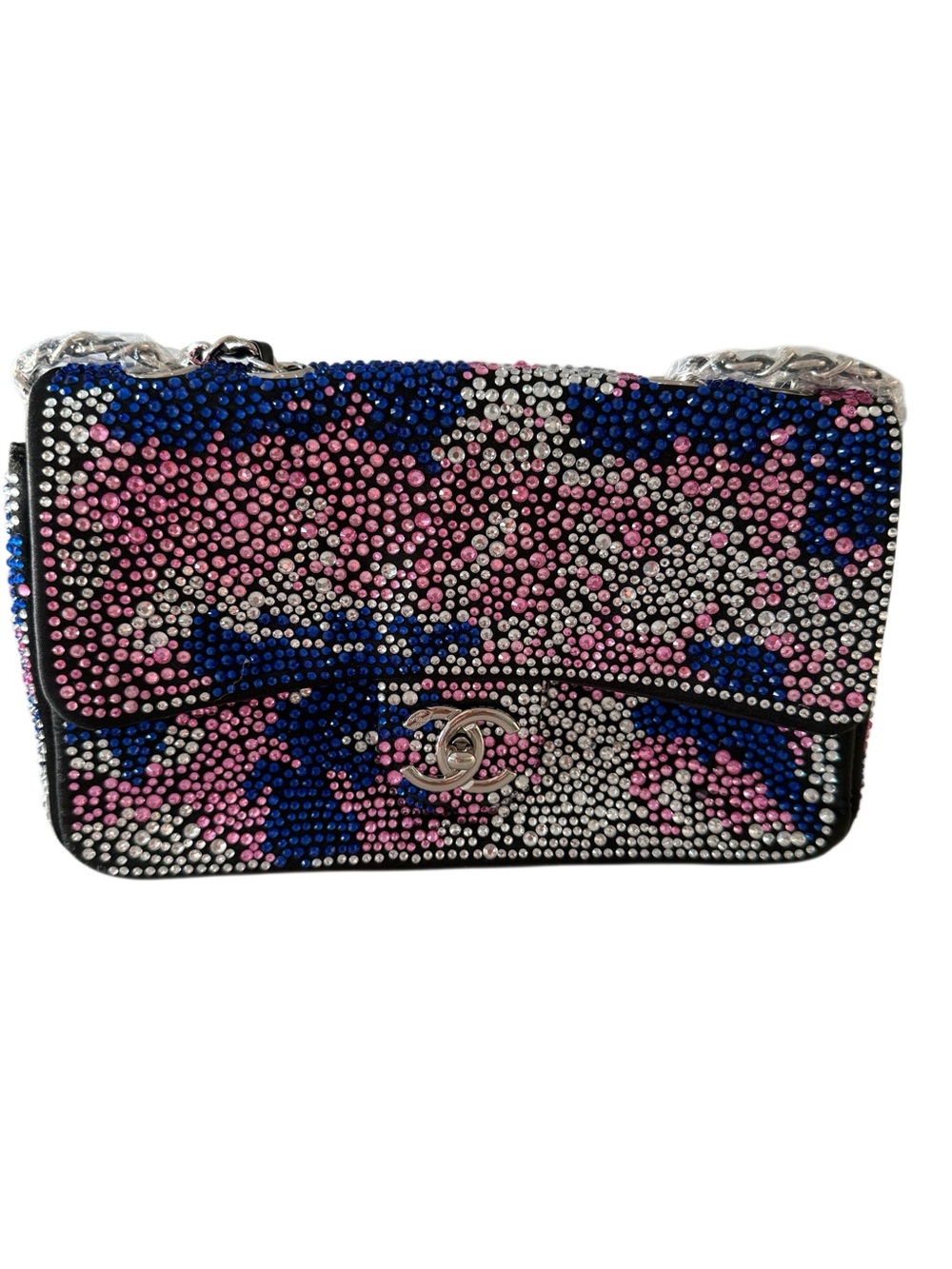 Luxury Crystal-Embellished Pink & Blue Chain Shoulder Bag